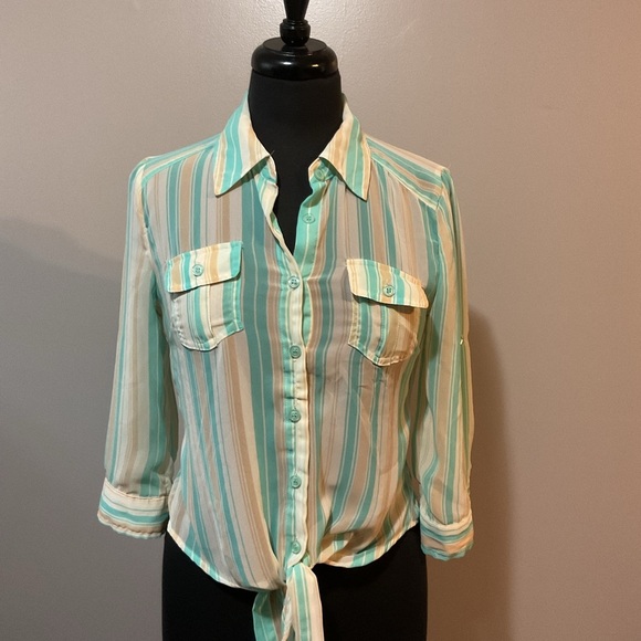 Striped Mint Green and White Women's Top - Picture 1 of 2
